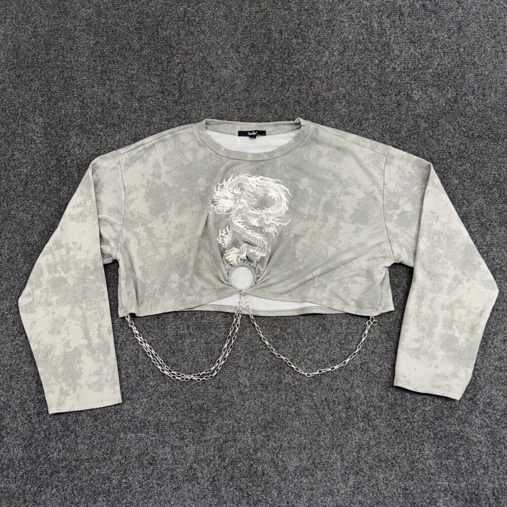 Papaya Top Womens Medium Grey TieDye Y2K Dragon Graphic Cropped Crewneck T-Shirt